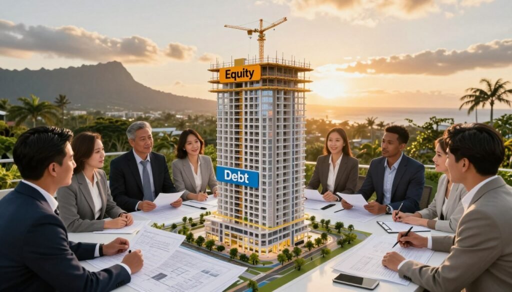 A vibrant and dynamic representation of equity in real estate, centered on a stylized capital stack concept. In the foreground, a diverse group of professionals dressed in business attire, engaged in a discussion over blueprints and financial documents, symbolizing collaboration and investment insights. In the middle ground, a visually striking 3D model of a high-rise building under construction, showcasing various layers labeled 'Equity' and 'Debt' in bold, clear typography. In the background, a scenic view of a Hawaiian landscape with lush greenery and distant mountains, bathed in warm, golden lighting during sunset, creating a sense of opportunity and growth. The image reflects a professional atmosphere, emphasizing the significance of equity in financing Hawaiian real estate projects. Include the brand name "Thorne CRE" subtly integrated into the environment.