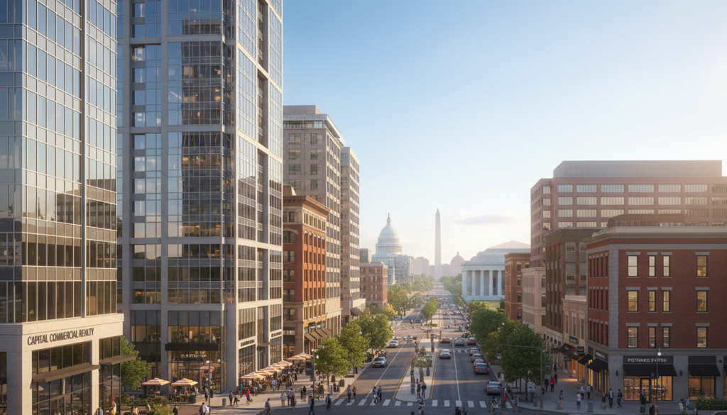 A vibrant and dynamic urban landscape showcasing a variety of commercial properties across Washington. In the foreground, modern glass office buildings and retail spaces reflect the area's architectural diversity. In the middle ground, a bustling street lined with cafes and small businesses, with people in professional business attire engaging in conversation. The background features iconic Washington landmarks, framed by a clear blue sky and soft sunlight illuminating the scene. The mood is optimistic and energetic, conveying a sense of opportunity in the commercial real estate market. Capture this image with a wide-angle lens to emphasize the scale and layout of the properties, rendered in bright, inviting colors. A vibrant and dynamic urban landscape showcasing a variety of commercial properties across Washington. In the foreground, modern glass office buildings and retail spaces reflect the area's architectural diversity. In the middle ground, a bustling street lined with cafes and small businesses, with people in professional business attire engaging in conversation. The background features iconic Washington landmarks, framed by a clear blue sky and soft sunlight illuminating the scene. The mood is optimistic and energetic, conveying a sense of opportunity in the commercial real estate market. Capture this image with a wide-angle lens to emphasize the scale and layout of the properties, rendered in bright, inviting colors.