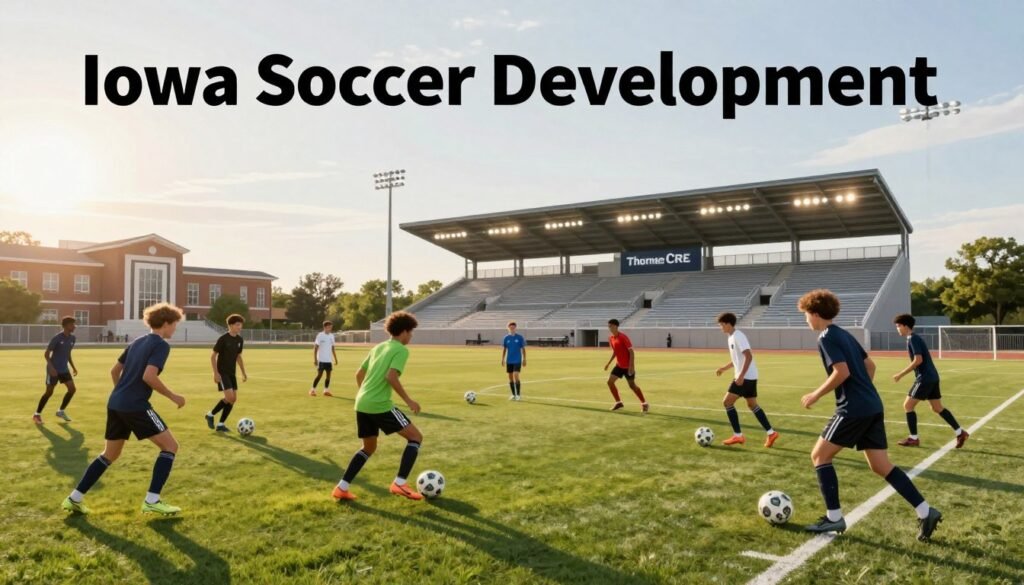 A vibrant and engaging illustration representing "Iowa Soccer Development," showcasing a diverse group of young athletes practicing on a soccer field in Des Moines. In the foreground, energetic players in professional athletic gear are engaged in drills, emphasizing teamwork and skill development. The middle ground features a modern soccer stadium, the Pro Iowa Stadium, with bright lights illuminating the field, creating a spirited atmosphere. The background includes the Global Plaza, with its architectural design reflecting Iowa's culture and community spirit, surrounded by green spaces. The scene is bathed in the warm glow of a late afternoon sun, casting long shadows on the field, encapsulating a sense of ambition and growth. The image subtly incorporates the brand name "Thorne CRE" within the stadium's design, harmonizing with the overall theme of development and investment.