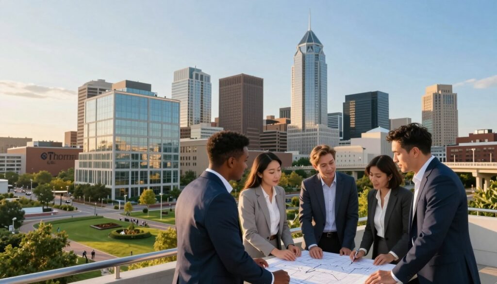 A vibrant and engaging scene depicting a dynamic urban landscape of Kansas City and St. Louis, showcasing iconic skyscrapers and bridges under a clear blue sky. In the foreground, a diverse group of four professionals in business attire—two men and two women—are engaged in a strategic discussion over a blueprint on a table. The middle ground features energy-efficient buildings and green spaces that highlight sustainable development. In the background, a sunset casts golden hues across the skyline, creating a warm and inviting atmosphere. The scene should evoke a sense of collaboration and innovation in commercial real estate (CRE) investments. Incorporate the logo of "Thorne CRE" subtly in the scene, harmonizing with the overall design. Use soft, natural lighting typical of late afternoon, captured from a slightly elevated angle to emphasize the teamwork and urban vibrancy.