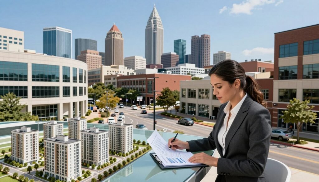 A vibrant and modern commercial real estate lending landscape in Georgia. In the foreground, a professional businesswoman in a tailored suit is reviewing financial documents on a sleek glass table, positioned beside impressive models of commercial properties. The middle ground features a bustling urban street with contemporary office buildings and mixed-use developments, showcasing diverse architecture reflective of Georgia's dynamic market. In the background, the skyline of a city like Atlanta is visible under a clear blue sky, with sunlight casting soft shadows. The overall atmosphere is optimistic and collaborative, emphasizing growth and opportunity in today's market. Use natural lighting to create an inviting and professional ambiance, captured with a wide-angle lens to enhance the depth of the scene. A vibrant and modern commercial real estate lending landscape in Georgia. In the foreground, a professional businesswoman in a tailored suit is reviewing financial documents on a sleek glass table, positioned beside impressive models of commercial properties. The middle ground features a bustling urban street with contemporary office buildings and mixed-use developments, showcasing diverse architecture reflective of Georgia's dynamic market. In the background, the skyline of a city like Atlanta is visible under a clear blue sky, with sunlight casting soft shadows. The overall atmosphere is optimistic and collaborative, emphasizing growth and opportunity in today's market. Use natural lighting to create an inviting and professional ambiance, captured with a wide-angle lens to enhance the depth of the scene.