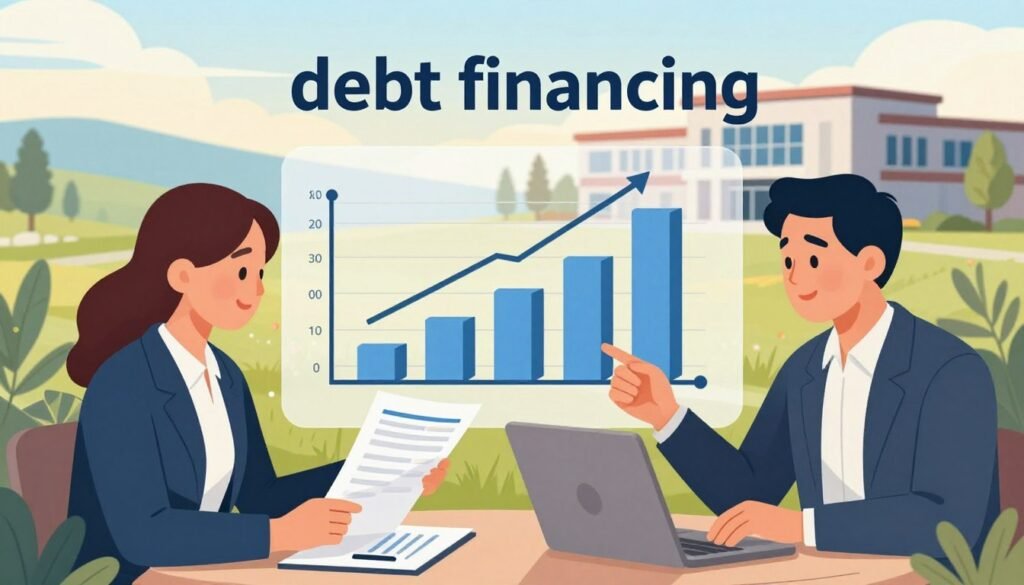 A vibrant and professional illustration of "debt financing" for Idaho commercial properties. In the foreground, a well-dressed business professional, male and female, closely examines financial documents and a laptop, symbolizing analytical discussions on financing options. In the middle ground, various 3D bar graphs and charts representing financial growth, debt levels, and capital stacks are clearly visible, conveying an analytical atmosphere. The background features an Idaho landscape with a modern commercial building, showcasing the region's property market. Soft, natural lighting creates a warm, inviting atmosphere, while a slight depth of field adds focus to the professionals and charts. The branding "Thorne CRE" appears subtly in the corner, enhancing the image's context without distraction.