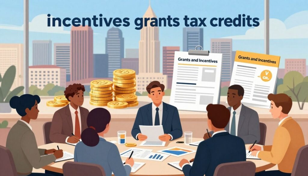 A vibrant and professional illustration representing the concept of "incentives grants tax credits" in the context of real estate financing. In the foreground, a diverse group of business professionals in business attire are engaged in a discussion around a large table with documents and charts depicting financial data. The middle section features visual elements like stacks of coins, tax credit forms, and promotional brochures labeled "Grants and Incentives." In the background, a modern city skyline of Alabama establishes the setting, with clear blue skies. The lighting is warm and inviting, creating a collaborative atmosphere. The image conveys a sense of optimism and opportunity in the world of commercial real estate financing. Thorne CRE branding subtly integrated into the scene. A vibrant and professional illustration representing the concept of "incentives grants tax credits" in the context of real estate financing. In the foreground, a diverse group of business professionals in business attire are engaged in a discussion around a large table with documents and charts depicting financial data. The middle section features visual elements like stacks of coins, tax credit forms, and promotional brochures labeled "Grants and Incentives." In the background, a modern city skyline of Alabama establishes the setting, with clear blue skies. The lighting is warm and inviting, creating a collaborative atmosphere. The image conveys a sense of optimism and opportunity in the world of commercial real estate financing. Thorne CRE branding subtly integrated into the scene.