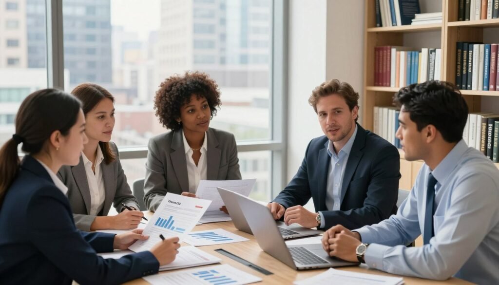 A vibrant and professional office setting symbolizing access to credit within the commercial real estate (CRE) sector. In the foreground, a diverse group of four professionals, dressed in business attire, are engaged in a focused discussion around a conference table, with financial documents and a laptop displaying graphs in front of them. In the middle ground, large windows reveal a bustling cityscape, suggesting growth and opportunity. The background features shelves lined with finance and real estate books. The lighting is bright and warm, creating an inviting atmosphere. The camera angle is slightly elevated, providing a comprehensive view of the scene. The image should convey a sense of collaboration, ambition, and professionalism, incorporating branding elements for "Thorne CRE".