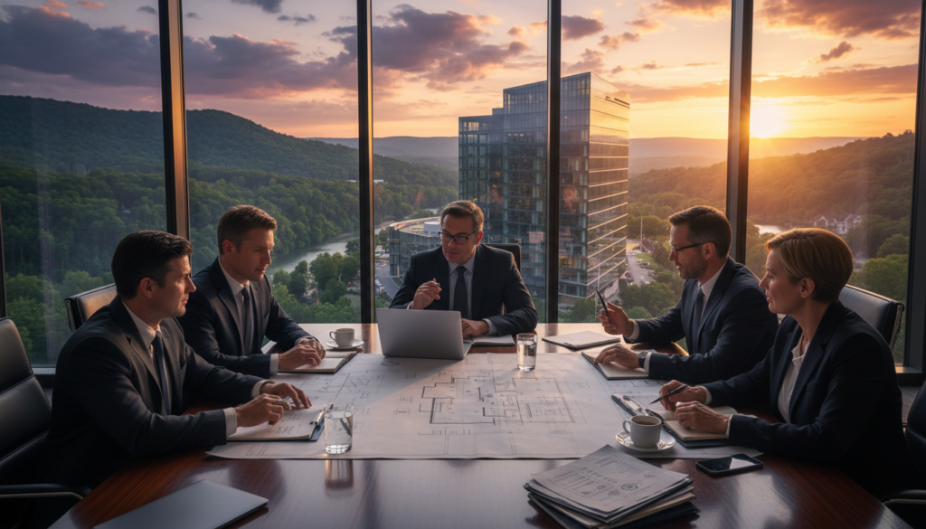 A vibrant and professional setting representing West Virginia's commercial real estate financing landscape. In the foreground, a diverse group of business professionals in smart attire, engaged in a discussion over blueprints and financial reports at a sleek conference table. The middle ground features a panoramic view of a modern office building reflecting the local architectural style, incorporating natural elements like surrounding lush green hills. In the background, a sunset casts warm, golden lighting, creating an inviting yet serious atmosphere. The scene captures the essence of strategic financial planning in today's market, emphasizing professionalism and collaboration. The composition should be dynamic yet balanced, highlighting innovation and opportunity in West Virginia's real estate sector.