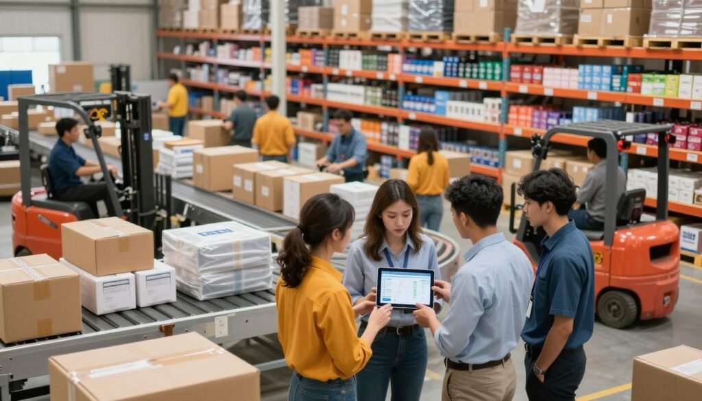 A vibrant, bustling e-commerce logistics center with a sense of dynamic movement. In the foreground, a diverse team of professionals in smart casual clothing collaborates around a digital tablet, analyzing data on shipments. In the middle ground, conveyor belts are seen loaded with neatly packaged goods, while warehouse workers efficiently transport boxes using forklifts. In the background, large shelves are filled with colorful products waiting to be shipped. The lighting is bright and industrial, with a soft glow highlighting the packages, creating an energetic and optimistic atmosphere. The setting reflects the growth of e-commerce, emphasizing the importance of logistics. Incorporate the brand logo "Thorne CRE" subtly within the background design, ensuring it remains unobtrusive.
