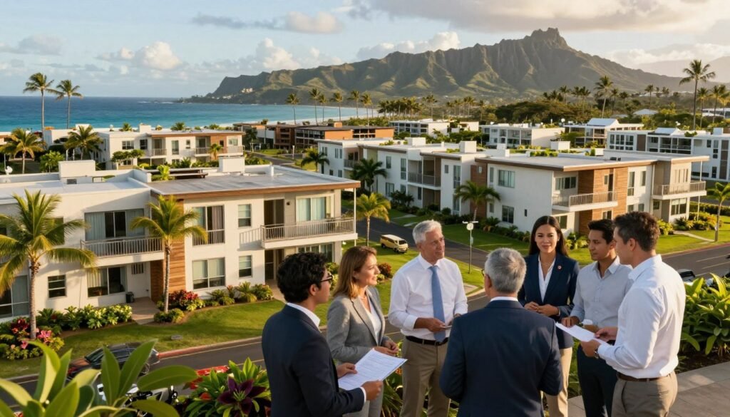 A vibrant coastal scene depicting workforce housing in Hawaii, showcasing modern, multi-family buildings with tropical landscaping. In the foreground, a diverse group of professionals in business attire discuss their projects, exuding a collaborative spirit. The middle layer features clusters of well-designed housing units, integrating green spaces with palm trees and native flora, emphasizing community and sustainability. In the background, the stunning ocean and mountains create a picturesque Hawaiian landscape, bathed in warm, golden sunlight, capturing the serene, inviting atmosphere. Utilize a wide-angle lens perspective to highlight the scale and environment. The image should evoke a sense of optimism and innovation, embodying Thorne CRE’s commitment to enhancing Hawaii’s real estate landscape.
