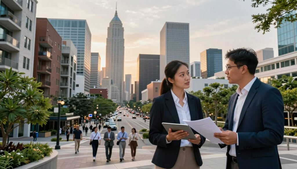 A vibrant commercial real estate (CRE) landscape showing a diverse group of professional investors and lenders engaged in discussion amidst a modern city skyline. In the foreground, two business professionals in smart attire, one holding a tablet and the other reviewing documents, convey collaboration. In the middle ground, a bustling street with tall buildings featuring both residential and commercial properties, reflects a dynamic market. Lush greenery and carefully designed plazas add warmth to the urban environment. The background displays an expansive sky at twilight, with soft, golden lighting creating a hopeful atmosphere. Capture a fresh perspective, angled slightly upward to emphasize growth and opportunity. The brand name "Thorne CRE" subtly incorporated into the scene, without text or logos dominating the image, ensuring a focus on the professionals and the environment.