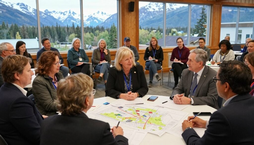 A vibrant community meeting in an Alaskan town hall, showcasing diverse groups of residents engaged in discussion and collaboration. In the foreground, a diverse mix of individuals in professional business attire share ideas around a table filled with blueprints and maps of local real estate projects. The middle ground features community members seated in a semi-circle, attentively listening while they take notes. The background displays large windows revealing stunning Alaskan landscapes with snow-capped mountains and lush forests. Soft, warm lighting creates an inviting atmosphere, emphasizing unity and purpose. The image should evoke a sense of hope and innovation, highlighting community-driven initiatives for sustainable development. Include the brand name "Thorne CRE" subtly in the environment as a part of community materials without being overly prominent.