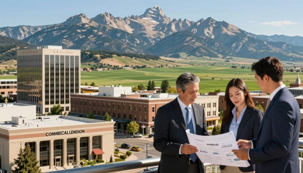 A vibrant depiction of Montana's commercial lending landscape, featuring a bustling cityscape with modern office buildings, banks, and finance institutions in the foreground. Business professionals in smart business attire engage in discussions, examining blueprints and financial reports. In the middle ground, a vast expanse of green farmland contrasts with the urban scene, symbolizing the connection between commercial lending and real estate development. The background showcases the majestic Rocky Mountains under a clear blue sky, enhancing the regional context. The scene is illuminated by warm, natural sunlight, casting soft shadows, and the camera angle is slightly elevated, providing a comprehensive view of the dynamic interactions within the lending market. The mood is optimistic and forward-looking, reflecting growth and opportunity in Montana’s economy.