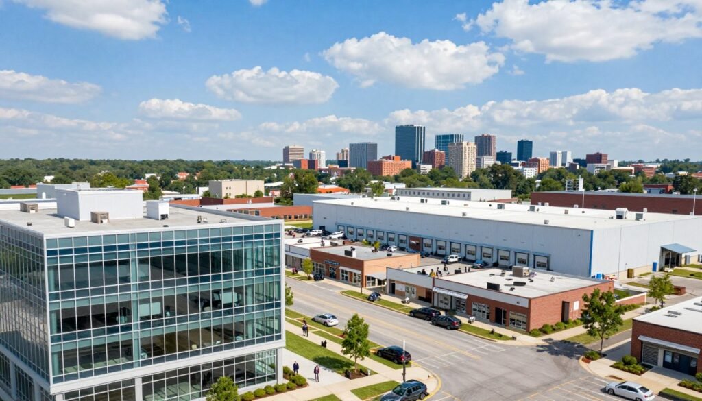 A vibrant, detailed depiction of various commercial property types in Maryland, showcasing a modern office building, a retail space, and an industrial warehouse. In the foreground, an impressive glass office building with professional individuals in business attire discussing financing options. The middle ground features a bustling retail area with shops and small businesses and a large industrial warehouse with loading docks. The background includes a scenic view of Maryland's skyline under a bright blue sky with scattered clouds. The lighting is bright and natural, evoking a sense of opportunity and growth. Capture the essence of commercial real estate, illustrating diversity and vitality in the market.