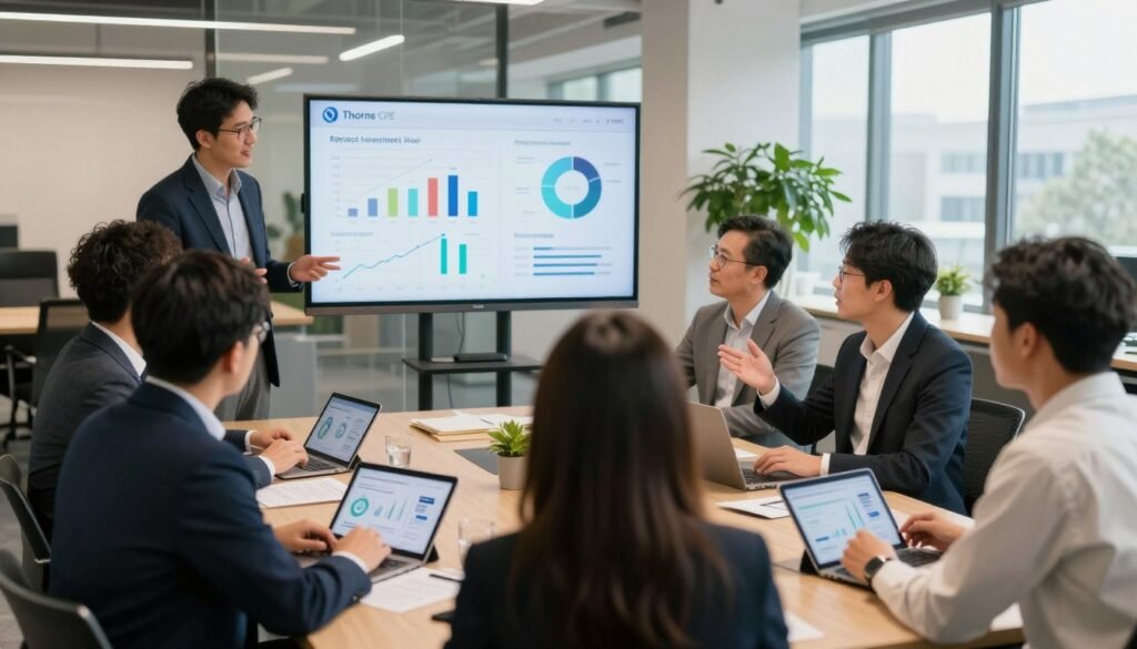 A vibrant gathering of diverse professionals in a modern conference setting, discussing impact investment strategies. In the foreground, a group of individuals in business attire passionately engages in conversation, with charts and graphs on tablets showcasing investment opportunities. The middle layer features a large screen displaying positive social and environmental impact metrics. In the background, a bright, open-space office with large windows letting in natural light, accented by green plants symbolizing sustainability. Soft, warm lighting enhances the collaborative atmosphere. The scene captures the essence of teamwork and innovation in the realm of impact investment, all under the branding of "Thorne CRE".