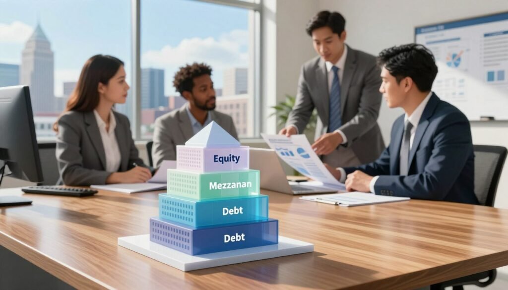A vibrant illustration of the "Delaware Capital Stack" designed for a detailed analysis of capital layers in commercial real estate. In the foreground, a semi-transparent stack of building models representing different capital layers, each labeled as equity, mezzanine, and debt financing, situated on a polished wooden desk. In the middle ground, a diverse group of three professionals in business attire, discussing charts and financial documents, showcasing collaborative investment discussions. The background features a large window with a view of Delaware's city skyline under a bright blue sky. Soft, natural lighting floods the scene, casting gentle shadows and creating an optimistic atmosphere. The image reflects professionalism and clarity, incorporating the brand name "Thorne CRE" subtly visible on a presentation slide within the frame. A vibrant illustration of the "Delaware Capital Stack" designed for a detailed analysis of capital layers in commercial real estate. In the foreground, a semi-transparent stack of building models representing different capital layers, each labeled as equity, mezzanine, and debt financing, situated on a polished wooden desk. In the middle ground, a diverse group of three professionals in business attire, discussing charts and financial documents, showcasing collaborative investment discussions. The background features a large window with a view of Delaware's city skyline under a bright blue sky. Soft, natural lighting floods the scene, casting gentle shadows and creating an optimistic atmosphere. The image reflects professionalism and clarity, incorporating the brand name "Thorne CRE" subtly visible on a presentation slide within the frame.