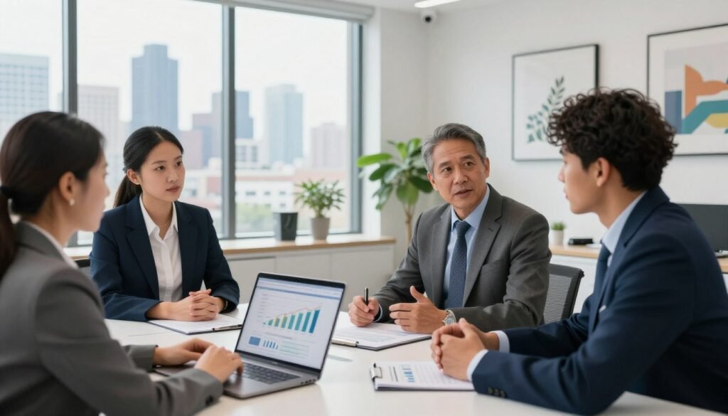 A vibrant, modern scene capturing a strategic meeting focused on bridge capital strategies for mobile home park (MHP) turnarounds. In the foreground, a diverse group of three business professionals in professional attire, engaging in thoughtful discussion over a table with financial documents and a laptop displaying graphs. In the middle ground, large windows overlook a city skyline, symbolizing growth and opportunity. The background features a sleek, contemporary office environment with subtle green plants and inspiring artwork. The lighting is bright and natural, creating an energetic and motivational atmosphere. This image conveys a sense of collaboration and strategic thinking in the context of real estate investment, featuring the brand name "Thorne CRE" subtly integrated into the environment.