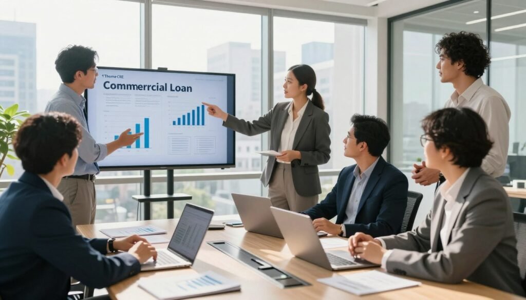 A vibrant office environment with business professionals discussing commercial loan opportunities during an economic expansion phase. In the foreground, diverse individuals in professional business attire are engaged in a dynamic conversation, gesturing towards charts and graphs displayed on a large screen. The middle ground shows a modern conference table filled with financial documents and laptops, suggesting an active dialogue on loan terms. In the background, bright sunlight streams through large windows, illuminating a cityscape that signifies growth and prosperity. The atmosphere is optimistic and collaborative, emphasizing the accessibility of commercial loans in this favorable market cycle. Soft natural lighting enhances the professional setting, captured with a wide-angle lens to convey a sense of inclusiveness and opportunity. The brand name "Thorne CRE" is subtly present within the setting, symbolizing expertise in commercial real estate finance. A vibrant office environment with business professionals discussing commercial loan opportunities during an economic expansion phase. In the foreground, diverse individuals in professional business attire are engaged in a dynamic conversation, gesturing towards charts and graphs displayed on a large screen. The middle ground shows a modern conference table filled with financial documents and laptops, suggesting an active dialogue on loan terms. In the background, bright sunlight streams through large windows, illuminating a cityscape that signifies growth and prosperity. The atmosphere is optimistic and collaborative, emphasizing the accessibility of commercial loans in this favorable market cycle. Soft natural lighting enhances the professional setting, captured with a wide-angle lens to convey a sense of inclusiveness and opportunity. The brand name "Thorne CRE" is subtly present within the setting, symbolizing expertise in commercial real estate finance.