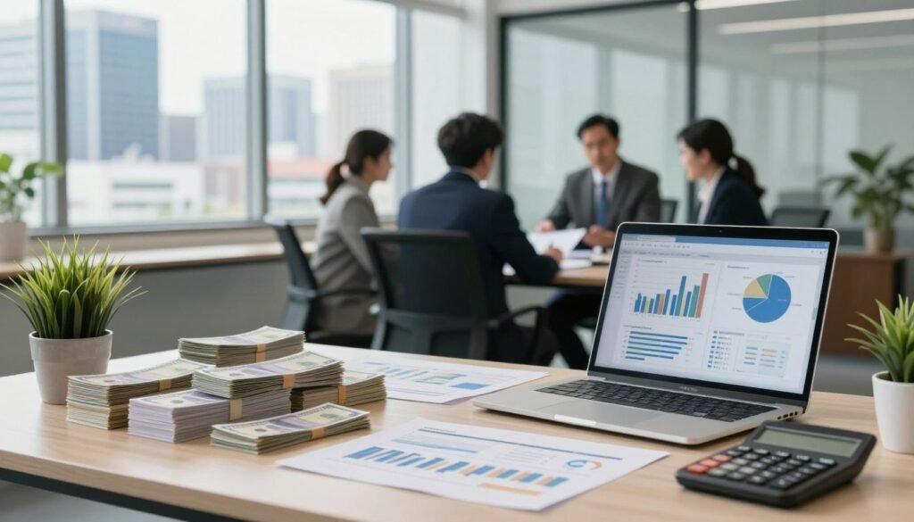 A vibrant, professional office environment featuring stacks of cash and financial documents symbolizing working capital. In the foreground, a neatly organized desk with a laptop displaying financial charts and a calculator alongside a small plant for a touch of life. In the middle ground, a glass-walled conference room can be seen where professionals in business attire, engaged in a discussion over property financing strategies, project a sense of collaboration. The background showcases a city skyline with modern commercial buildings, hinting at the dynamic real estate market. Soft, natural lighting filters through large windows, creating a bright and optimistic atmosphere, complemented by a shallow depth of field to focus on the foreground elements. The image conveys a strategic and organized workspace, perfect for illustrating financial tools in real estate financing.