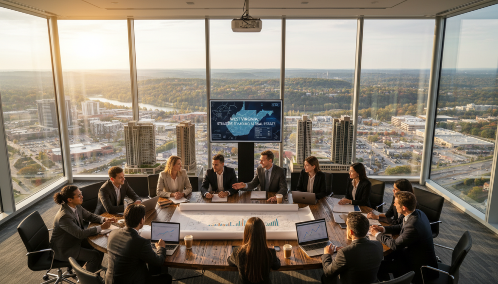 A vibrant scene depicting a conference room with a panoramic view of West Virginia's rolling hills and commercial real estate developments in the distance. In the foreground, a diverse group of professionals in business attire are engaged in discussions around a modern conference table cluttered with architectural plans, laptops, and financial charts. The middle ground features large windows illuminating the space with warm, natural light, highlighting the intricate details of the room's design. In the background, the beauty of West Virginia's landscape can be seen, with a mix of urban developments and lush green mountains, embodying the commercial real estate market's potential. The overall mood is one of collaboration and opportunity, with a focus on strategic financing in the region.