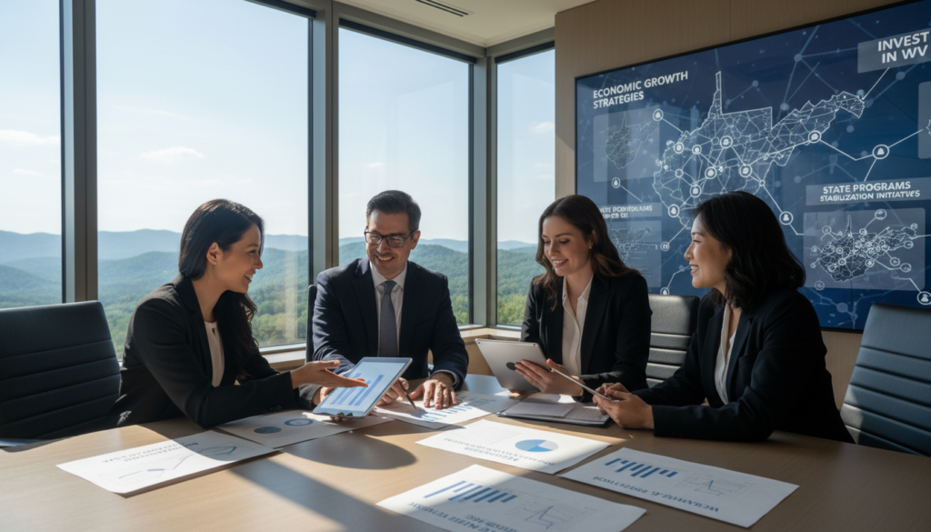 A vibrant scene depicting a meeting of business professionals in a modern conference room, highlighting state programs and incentives aimed at strengthening commercial real estate loans in West Virginia. In the foreground, a diverse group of three individuals in professional business attire, engaged in discussion while reviewing documents with graphs and charts. In the middle ground, a large window reveals a view of West Virginia's beautiful mountainous landscape, showcasing green hills and a clear blue sky. The background features a wall adorned with maps and infographics representing West Virginia's economic development programs. Soft, natural lighting fills the room, emphasizing a mood of collaboration and strategic planning, with a focus on opportunity and growth.