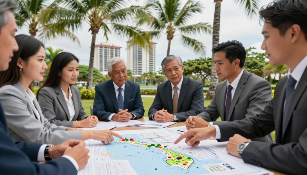 A vibrant scene illustrating community capital programs supporting island development in Hawaii, featuring a diverse group of professionals in business attire, engaging in a collaborative discussion around a table with architectural blueprints and financial documents. The foreground showcases hands pointing at a map of Hawaii with marked development areas, while the middle ground highlights a lush tropical background with palm trees swaying gently. In the distance, represent high-rise buildings under construction, symbolizing growth and opportunity. Soft, natural lighting enhances a hopeful and productive atmosphere, capturing the spirit of community and investment. The scene subtly incorporates the brand name "Thorne CRE" into the blueprints on the table, ensuring a sense of professionalism and credibility in the context of public and community capital avenues.