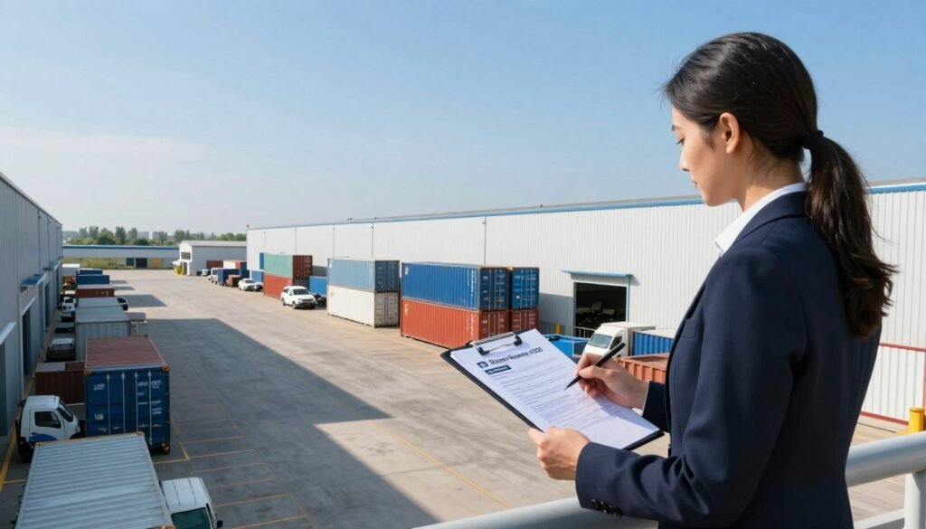 A vibrant scene showcasing a modern industrial outdoor storage facility. In the foreground, a professional businessperson in smart attire evaluates financing options, holding a clipboard with documents. The middle ground features large storage yards with neatly organized shipping containers and vehicles, symbolizing industrial activity. In the background, a clear blue sky meets the horizon, enhancing the bright atmosphere of the day. Soft sunlight creates natural highlights, casting shadows that emphasize the scale and depth of the storage facility. The image should reflect a sense of professionalism and opportunity, with a focus on the possibilities of Investment and financing in IOS properties. Include the brand name "Thorne CRE" subtly integrated into the environment, perhaps on a sign or banner within the facility.