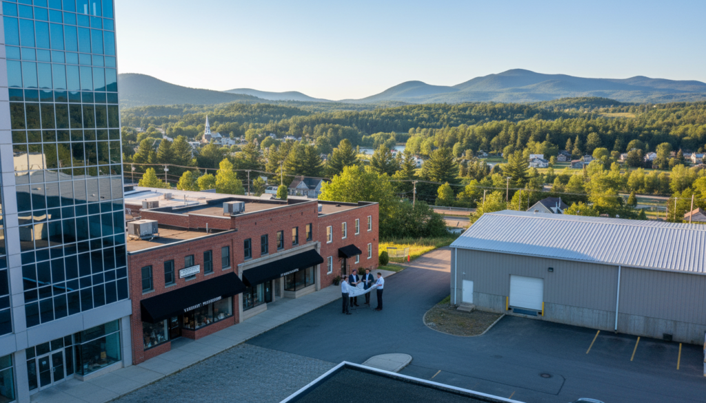 A vibrant scene showcasing a variety of commercial real estate options in Vermont, positioned in the foreground. Feature diverse architectural styles: modern office buildings gleaming with glass facades, cozy brick storefronts, and spacious warehouses. In the middle ground, display professional individuals in business attire discussing plans, reviewing documents, or using digital devices, projecting a dynamic work environment. The background features the picturesque Vermont landscape, with lush greenery and rolling hills under a clear blue sky, enhancing the atmosphere of opportunity. Use soft natural lighting to highlight the buildings and people, capturing a sense of warmth and professionalism. The angle should be slightly elevated to encompass both the structures and the engaging activities, setting a hopeful and optimistic tone for commercial real estate endeavors.
