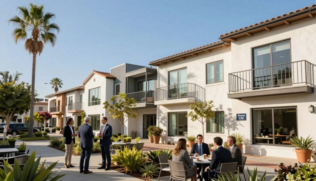 A vibrant scene showcasing diverse multifamily properties in California, including contemporary low-rise apartments and classic Spanish-style buildings. In the foreground, a landscaped courtyard filled with greenery and outdoor seating areas, where professionals in business attire engage in discussions. The middle ground features a blend of architecture styles, with modern balconies and sunlit windows reflecting California's coastal sunshine. In the background, palm trees gently sway, casting dappled shadows on the ground. The sky is clear blue, enhancing the welcoming atmosphere. The lighting is bright and sunny, creating a warm and inviting feel. A subtle, professional logo "Thorne CRE" appears on a nearby property sign, harmonizing with the overall scene, emphasizing a focus on commercial real estate in the region. A vibrant scene showcasing diverse multifamily properties in California, including contemporary low-rise apartments and classic Spanish-style buildings. In the foreground, a landscaped courtyard filled with greenery and outdoor seating areas, where professionals in business attire engage in discussions. The middle ground features a blend of architecture styles, with modern balconies and sunlit windows reflecting California's coastal sunshine. In the background, palm trees gently sway, casting dappled shadows on the ground. The sky is clear blue, enhancing the welcoming atmosphere. The lighting is bright and sunny, creating a warm and inviting feel. A subtle, professional logo "Thorne CRE" appears on a nearby property sign, harmonizing with the overall scene, emphasizing a focus on commercial real estate in the region.