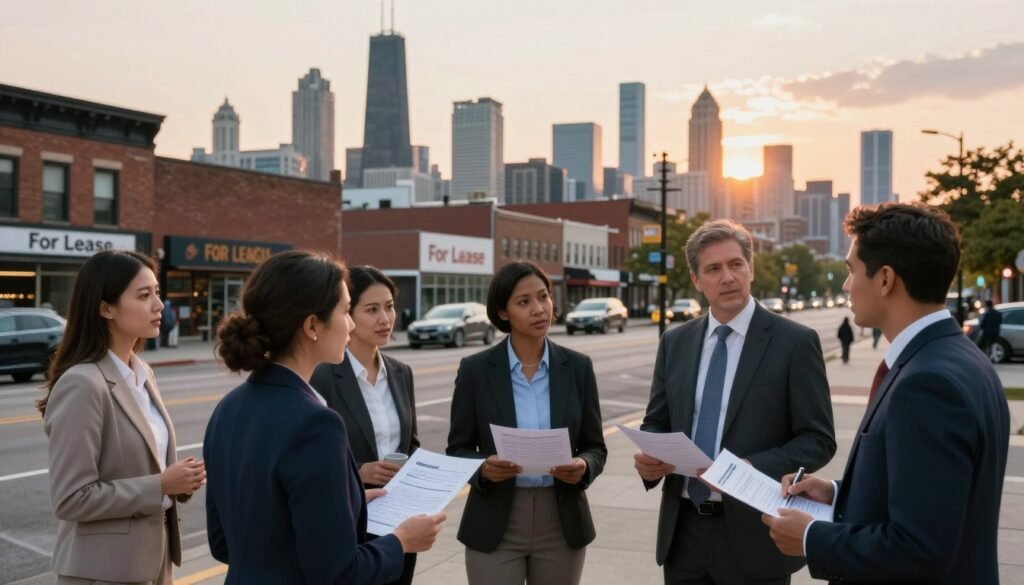 A vibrant urban landscape depicting a Chicago neighborhood with a struggling commercial area. In the foreground, a diverse group of professionals in business attire discuss investment strategies, holding documents and charts. The middle ground features modest commercial buildings with "For Lease" signs, reflecting the challenges of capital access in underinvested neighborhoods. The background showcases the iconic Chicago skyline under a warm sunset, casting a hopeful glow. Soft lighting enhances the mood of collaboration and determination. Use a wide-angle view to capture both the bustling activity and the urban environment. Ensure the logo "Thorne CRE" is subtly integrated into a document in the hands of one professional.