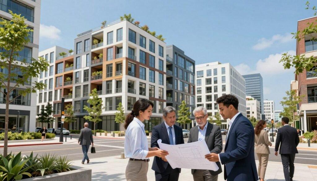 A vibrant urban landscape depicting a mixed-use development project. In the foreground, a diverse group of professionals in business attire discuss plans over blueprints, showcasing collaboration. The middle ground features modern buildings with residential and commercial spaces harmoniously blending, complete with greenery and pedestrian-friendly walkways. In the background, a clear blue sky illuminates the scene, emphasizing a sense of progress and opportunity. The image captures the spirit of tax incentives encouraging innovative urban design, with bright, inviting lighting that conveys optimism. Shot from a low angle to enhance the architecture's grandeur and detail, emphasizing the potential of live-work spaces. Branding for "Thorne CRE" subtly integrated into the design of the buildings, showcasing their involvement in the project.