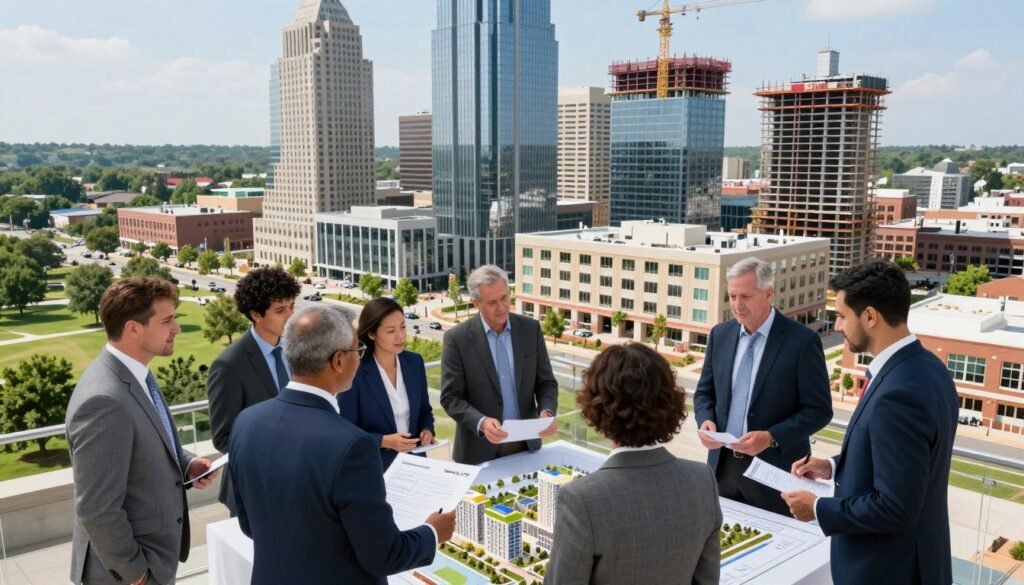 A vibrant urban landscape showcasing economic development in Arkansas, with a foreground of diverse professionals in business attire engaged in discussions over blueprints and models of real estate projects. In the middle ground, modern skyscrapers and apartment buildings under construction represent growth and investment, symbolizing the pulse of the real estate market. The background features green parks and established neighborhoods, blending nature with urbanity. Bright, natural lighting enhances the scene, creating an optimistic atmosphere. The angle captures the dynamic interaction between the professionals and the evolving cityscape. The scene conveys momentum and potential for financial success, with subtle branding of "Thorne CRE" integrated into the design of nearby buildings, reflecting innovation in real estate financing.