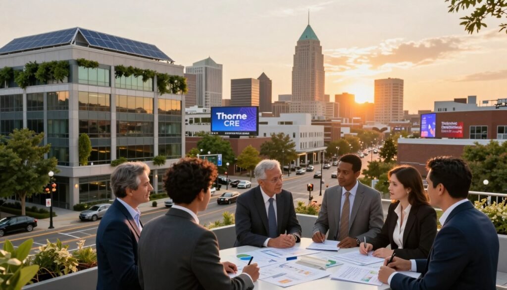 A vibrant urban scene showcasing economic development in Des Moines, Iowa. In the foreground, diverse professionals in business attire are engaged in discussions over plans and charts on a modern table, symbolizing collaboration and investment. The middle ground features a bustling streetscape with contemporary office buildings adorned with greenery, solar panels, and digital billboards promoting local businesses. In the background, the iconic Des Moines skyline silhouettes against a brilliant sunset, casting warm, golden light across the scene, creating a sense of optimism and growth. Capture this dynamic atmosphere with a wide-angle lens to emphasize depth and perspective, adding a slight bokeh effect for an artistic touch. Incorporate the brand name "Thorne CRE" subtly within the scene, integrating it into an office building's architecture.