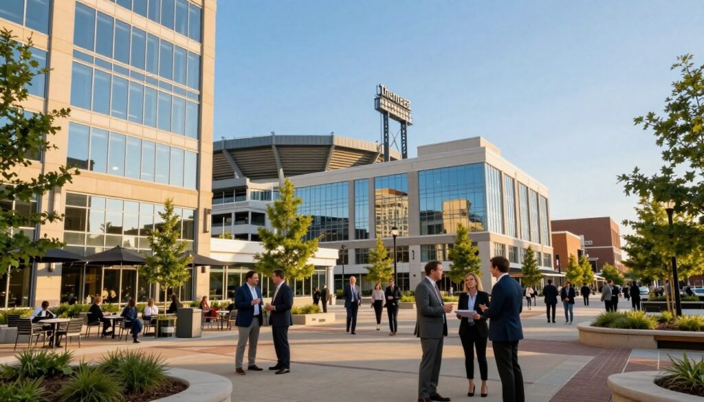 A vibrant view of Global Plaza, set in the heart of downtown Des Moines, Iowa. In the foreground, a bustling plaza area with people in professional business attire engaging in discussions, showcasing economic activity. The middle ground features modern buildings reflecting glass facades under clear blue skies, adorned with greenery and outdoor seating areas. In the background, the iconic stadium stands prominently, symbolizing growth and development in the Stadium District. Soft golden hour lighting bathes the scene, casting warm shadows and creating an inviting atmosphere. A low-angle shot to emphasize the towering structures and lively dynamics of the plaza, capturing a sense of hope and optimism for economic development, branded subtly with "Thorne CRE" in the architecture.