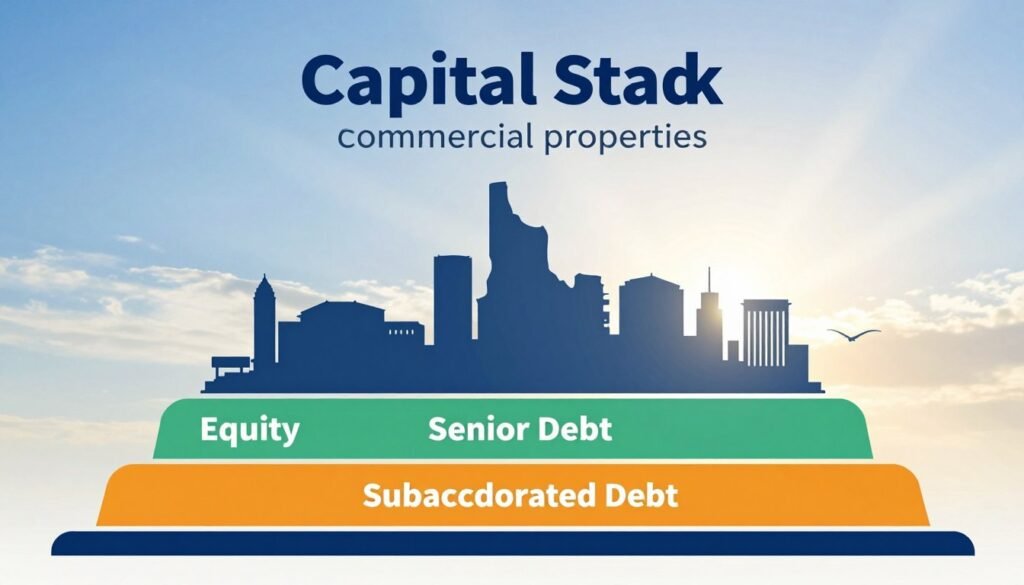 A visual representation of a capital stack for Idaho commercial properties, prominently featuring a stylized, multi-layered diagram that illustrates various financing elements. In the foreground, clear sections labeled as "Equity," "Senior Debt," and "Subordinated Debt," with distinct colors for each layer. The middle ground includes silhouettes of Idaho's skyline, highlighting commercial buildings under a clear blue sky. The background features a soft gradient suggesting financial growth and opportunity, perhaps with subtle golden rays of sunlight breaking through. Utilize a professional business-like atmosphere, presenting all elements in a clean, modern graphic style. Ideal lighting should be bright and inviting, capturing a sense of optimism and potential in finance. Include the brand name "Thorne CRE" subtly integrated into the design.