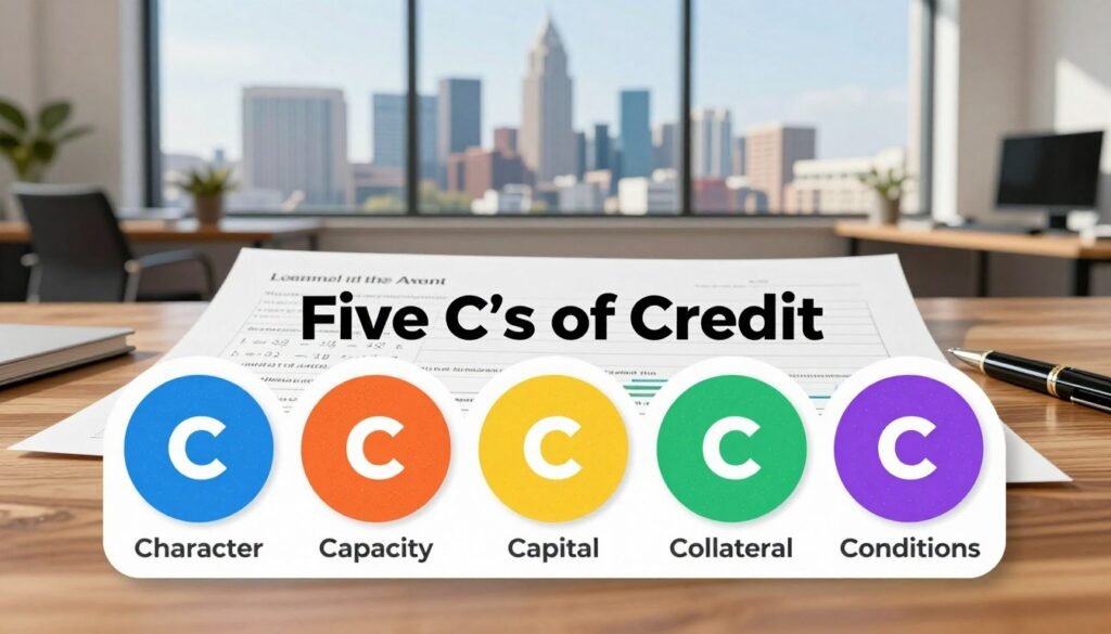 A visual representation of the "Five C's of Credit" in the context of commercial real estate financing. In the foreground, display five distinct circular symbols representing each "C" (Character, Capacity, Capital, Collateral, Conditions) with vibrant colors and detailed textures. In the middle, include a professional-looking loan application form with mathematical equations and financial charts subtly integrated, all set on an elegant wooden desk with a sleek pen. The background features a bright, well-lit office environment with large windows showcasing a skyline of Oklahoma City. The atmosphere should convey a sense of professionalism and opportunity, with natural light illuminating the scene, creating a warm and inviting mood, emphasizing the importance of credit evaluation in financing.