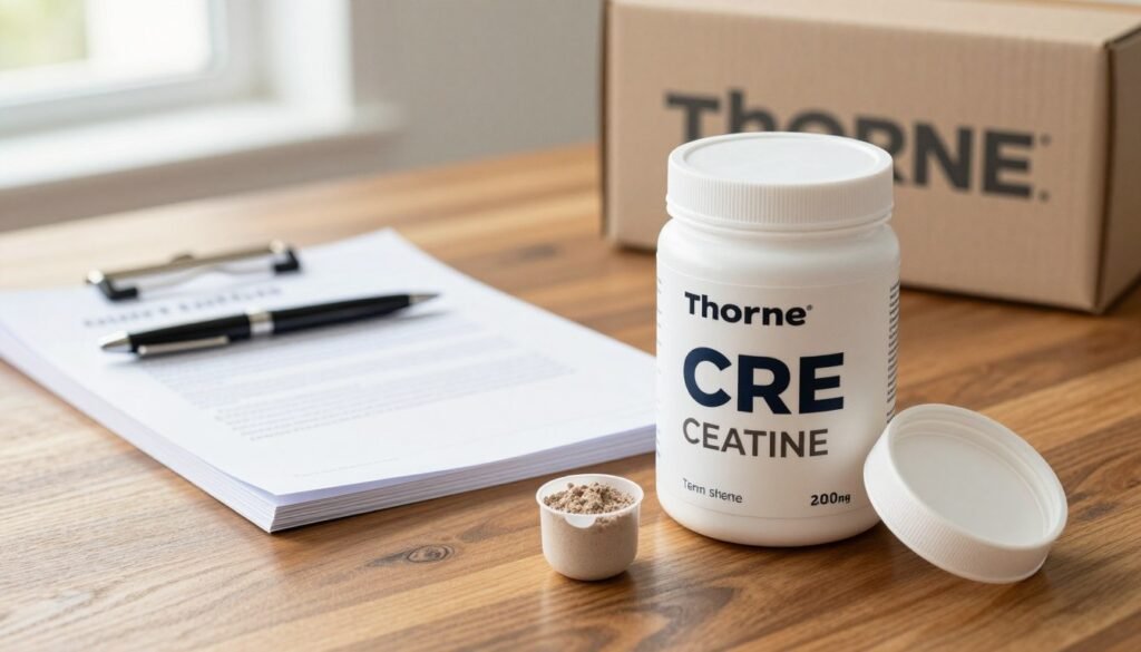 A visually appealing composition showcasing the concept of subscription shipping for Thorne CRE creatine. In the foreground, an elegantly designed Thorne CRE creatine container sits on a polished wooden table, partially open to reveal a scoop of the product. The middle ground features a stack of paperwork representing the signed term sheet, with a stylish pen placed atop. In the background, a soft-focus image of a shipping box with the Thorne logo can be seen, hinting at efficient delivery services. Bright, natural lighting illuminates the scene from a window, casting gentle shadows and creating a warm, professional atmosphere. The overall mood conveys trust and reliability in subscription savings and a seamless return policy.