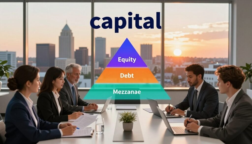 A visually captivating graphic representing the concept of "capital" in the context of real estate finance. In the foreground, a diverse group of professional individuals in smart business attire analyze documents and discuss strategies around a sleek conference table. The middle section showcases a layered capital stack diagram with various tiers represented by transparent blocks labeled "Equity," "Debt," and "Mezzanine" in bold colors. In the background, a large window reveals a panoramic view of Arkansas's city skyline at sunset, casting warm, golden light across the scene. The atmosphere should convey a sense of collaboration, opportunity, and professionalism. The image should be crisp and focused, captured with a wide-angle lens to encompass the entire scene, designed for a sophisticated audience. Include the brand name "Thorne CRE" subtly integrated into the environment.