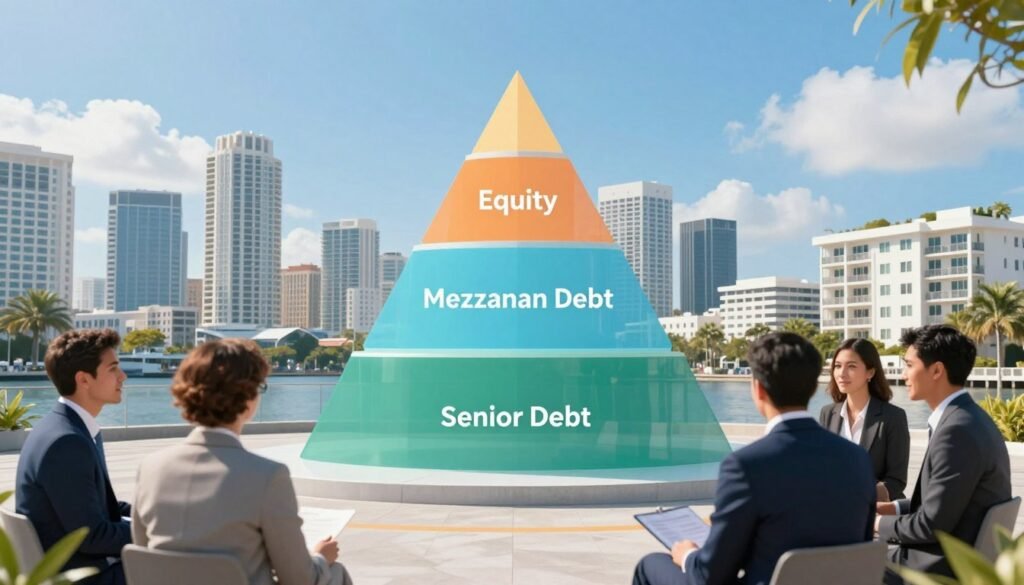 A visually compelling capital stack illustration set in a dynamic Florida cityscape, showcasing three distinct layers of financing: equity, mezzanine debt, and senior debt. In the foreground, professional business figures in suits, engaged in a discussion, representing developers and investors. In the middle ground, a transparent block diagram accurately depicting the capital stack layers, color-coded for clarity, with labels indicating each layer’s role. The background features a bright Florida skyline with vibrant blue skies and contemporary multifamily buildings, symbolizing growth and opportunity. Soft natural lighting highlights the scene, creating a positive, optimistic atmosphere. Include the brand name "Thorne CRE" subtly integrated into the capital stack design without any text overlays or identifiers that disrupt the visual flow. A visually compelling capital stack illustration set in a dynamic Florida cityscape, showcasing three distinct layers of financing: equity, mezzanine debt, and senior debt. In the foreground, professional business figures in suits, engaged in a discussion, representing developers and investors. In the middle ground, a transparent block diagram accurately depicting the capital stack layers, color-coded for clarity, with labels indicating each layer’s role. The background features a bright Florida skyline with vibrant blue skies and contemporary multifamily buildings, symbolizing growth and opportunity. Soft natural lighting highlights the scene, creating a positive, optimistic atmosphere. Include the brand name "Thorne CRE" subtly integrated into the capital stack design without any text overlays or identifiers that disrupt the visual flow.