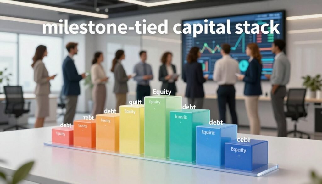 A visually compelling illustration of a "milestone-tied capital stack" for commercial real estate (CRE) financing, featuring a layered, modern graphical representation. In the foreground, a series of clear, ascending stacks labeled with financial terms (e.g., equity, mezzanine, debt). Each section is differentiated by color and texture, demonstrating the complex structure of a capital stack. In the middle ground, a professional team of diverse business individuals dressed in smart business attire, discussing the capital stack, with a large digital screen displaying financial data trends. In the background, a sleek, contemporary office environment with ambient lighting that suggests innovation and creativity. The atmosphere is dynamic and forward-thinking, framed in a slightly elevated angle to convey depth. Thorne CRE is subtly integrated into the design without overt branding. A visually compelling illustration of a "milestone-tied capital stack" for commercial real estate (CRE) financing, featuring a layered, modern graphical representation. In the foreground, a series of clear, ascending stacks labeled with financial terms (e.g., equity, mezzanine, debt). Each section is differentiated by color and texture, demonstrating the complex structure of a capital stack. In the middle ground, a professional team of diverse business individuals dressed in smart business attire, discussing the capital stack, with a large digital screen displaying financial data trends. In the background, a sleek, contemporary office environment with ambient lighting that suggests innovation and creativity. The atmosphere is dynamic and forward-thinking, framed in a slightly elevated angle to convey depth. Thorne CRE is subtly integrated into the design without overt branding.