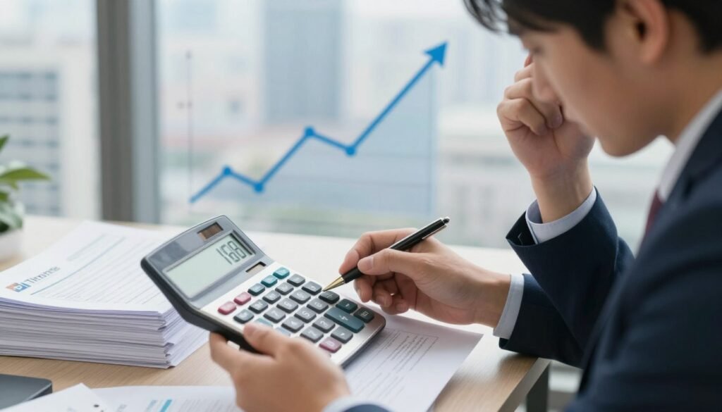 A visually compelling illustration of interest rates, depicting a close-up view of a calculator displaying high interest rates alongside a stack of loan documents. In the foreground, a professional figure in business attire analyzes the documents, their expression showing concern. The middle ground features a graph with rising interest trends, signifying fluctuating rates, while the background illustrates a blurred urban landscape, suggesting the financial market. Soft, natural lighting creates an atmosphere of seriousness and contemplation, emphasizing the importance of choosing loan offers wisely. The image should evoke a mood of caution and critical decision-making. Include a subtle logo of "Thorne CRE" integrated into the design to signify professionalism.