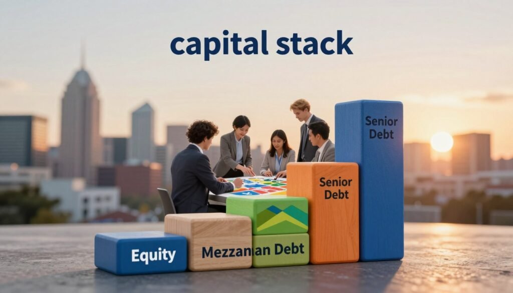 A visually compelling representation of a "capital stack" concept, depicted as a layered structure of financial building blocks. In the foreground, focus on blocks labeled with terms like "Equity," "Mezzanine Debt," and "Senior Debt," stacked in ascending order, showcasing a clear hierarchy. The middle layer features a professional business team, dressed in smart attire, discussing over a model chart with vibrant colors that echo the Kansas landscape. The background showcases an abstract skyline of Kansas City, blending with warm sunset lighting for an inviting atmosphere. Use a low-angle perspective to emphasize the towering capital stack, creating a sense of upward movement and ambition. Soft, ambient lighting highlights the details, enhancing the professional tone. Include the brand name "Thorne CRE" subtly integrated into the foreground for branding purposes, ensuring no text overlays disrupt the visual elegance.