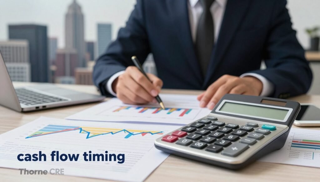 A visually compelling representation of "cash flow timing" in a financial context. In the foreground, a modern calculator and charts displaying cash flow trends in vibrant colors. The middle ground features a professional business person in smart attire analyzing the data, with focused expressions indicating strategic decision-making. The background showcases a city skyline, symbolizing the potential opportunities in real estate and self-storage conversions. Soft ambient lighting enhances a sense of professionalism and optimism. A subtle depth of field is applied, drawing attention to the calculator and charts while softly blurring the bustling city behind. The overall mood is dynamic and focused, emphasizing the importance of timing in financial planning, branded with "Thorne CRE" discreetly in the lower corner, maintaining a clean and professional aesthetic.