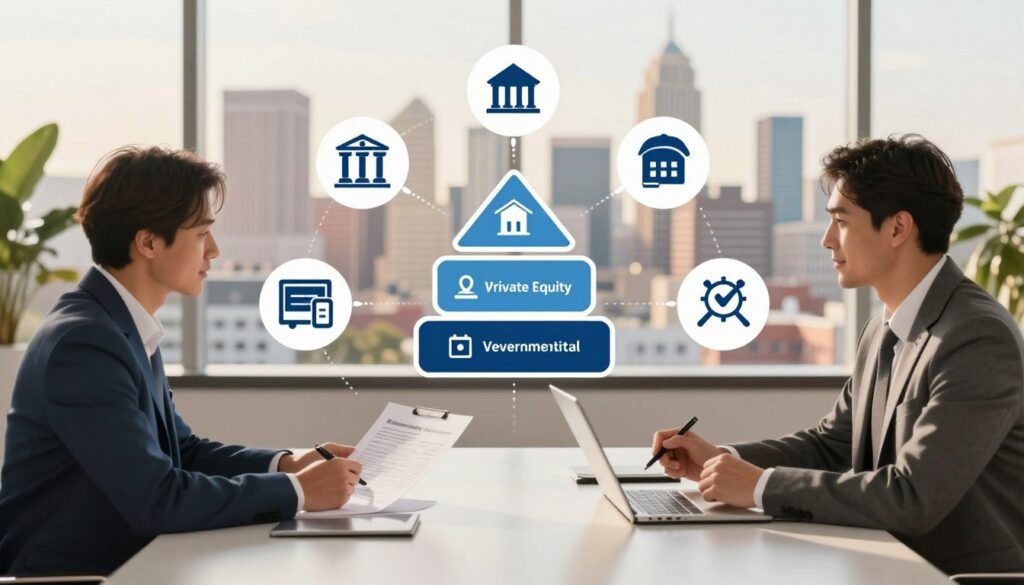 A visually engaging and informative illustration representing diverse funding sources in the context of commercial real estate in New Hampshire. In the foreground, depict a sleek, modern office table with professional individuals—one in a smart suit and another in a business casual outfit—discussing documents and financial reports, emphasizing collaboration. In the middle, visualize icons or symbols representing various funding sources, like banks, private equity, venture capital, and government grants, arranged creatively around a stylized capital stack diagram. The background should feature a sophisticated skyline of a New Hampshire city, bathed in warm, inviting light, with soft shadows to create depth. The mood is professional and optimistic, ideal for a business-focused article. The branding "Thorne CRE" should be subtly integrated into the scene, showcasing a corporate identity.