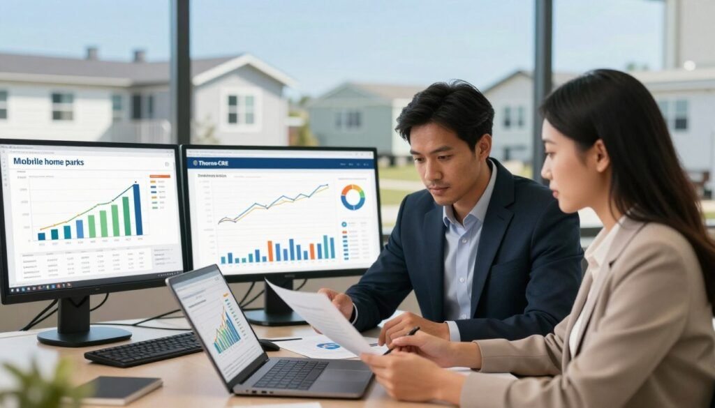 A visually engaging and informative scene depicting underwriting benchmarks for mobile home parks. In the foreground, a diverse group of three professionals in business attire, a man and two women, are analyzing financial documents and graphs on a modern laptop. In the middle ground, large screens display graphs and key performance indicators, highlighting metrics such as occupancy rates and cash flow analysis. The background features a blurred image of a mobile home park with well-maintained homes under a clear blue sky. Soft, natural lighting enhances the professional atmosphere. The composition should be framed with a slight angle to create depth, focusing on the interaction between the professionals and the data visualizations. Include the brand name "Thorne CRE" on one of the screens prominently.