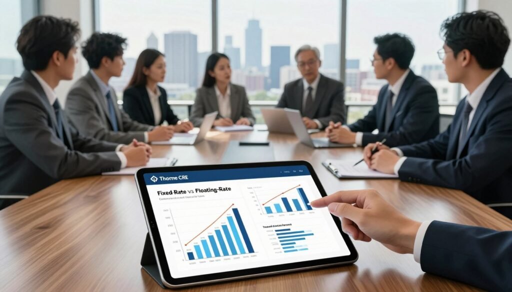 A visually engaging comparison chart illustrating fixed-rate versus floating-rate commercial real estate (CRE) loans. In the foreground, sleek graphs and bar charts on a modern digital tablet, showcasing clear distinctions in loan performance metrics. In the middle, a polished conference table with professionals in business attire discussing financial strategies, deep in concentration and analysis. The background features a panoramic window view of a city skyline, symbolizing economic growth and opportunity. The scene is well-lit with natural sunlight, creating an energetic yet professional atmosphere. Use a wide-angle lens perspective to capture the entire setting, highlighting the dynamic interaction of the team as they evaluate their financial decisions. Include the brand name “Thorne CRE” subtly integrated into the design of the tablet.