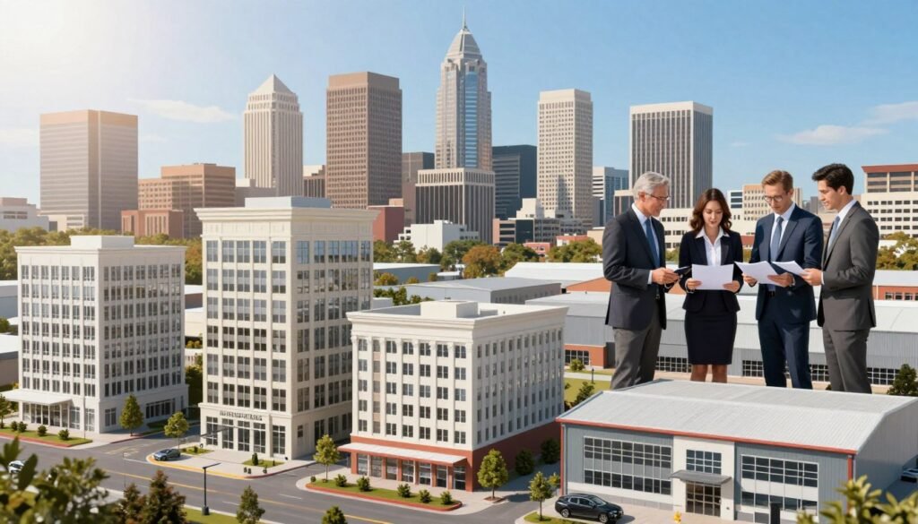 A visually engaging composition that showcases various property types relevant to commercial real estate financing. In the foreground, prominently display diverse commercial buildings like office towers, retail stores, and industrial warehouses, each rendered with architectural precision. The middle ground features a diverse group of professionals in business attire discussing plans and analyzing documents, exuding a collaborative atmosphere. The background should consist of a vibrant skyline of a city in Georgia, with clear blue skies and sunlight illuminating the structures, imparting a hopeful and optimistic mood. Use a wide-angle lens perspective for depth, enhancing the sense of scale. Soft shadows should create a balanced contrast, emphasizing the interaction among property types and the professionals. The image should evoke a sense of strategic planning and financial foresight in the commercial real estate market. A visually engaging composition that showcases various property types relevant to commercial real estate financing. In the foreground, prominently display diverse commercial buildings like office towers, retail stores, and industrial warehouses, each rendered with architectural precision. The middle ground features a diverse group of professionals in business attire discussing plans and analyzing documents, exuding a collaborative atmosphere. The background should consist of a vibrant skyline of a city in Georgia, with clear blue skies and sunlight illuminating the structures, imparting a hopeful and optimistic mood. Use a wide-angle lens perspective for depth, enhancing the sense of scale. Soft shadows should create a balanced contrast, emphasizing the interaction among property types and the professionals. The image should evoke a sense of strategic planning and financial foresight in the commercial real estate market.