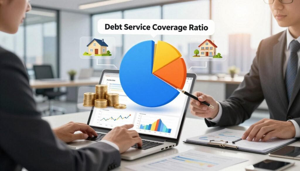 A visually engaging illustration of the "Debt Service Coverage Ratio" concept for commercial real estate projects. In the foreground, a professional businessperson, dressed in a smart suit, is calculating figures on a laptop, with graphs and charts showcasing financial metrics displayed prominently. The middle layer features a large, imaginative pie chart labeled "Debt Service Coverage Ratio," surrounded by stacks of coins and property images, symbolizing real estate investments. In the background, a sleek office environment with large windows reveals a city skyline, bathed in natural sunlight, creating a productive atmosphere. The overall mood is informal yet focused, emphasizing professionalism and financial acumen while incorporating the branding, "Thorne CRE," subtly in the design.