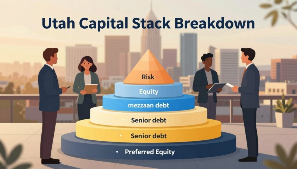 A visually engaging illustration of the "Utah Capital Stack Breakdown" within a fast-growing commercial real estate context. In the foreground, display a neatly arranged multi-layer stack labeled with distinct colors representing various capital components: equity, mezzanine debt, senior debt, and preferred equity. Each layer should have clear visual indicators of risk, rights, and returns. In the middle ground, subtly include silhouettes of business professionals in smart attire discussing strategies. The background features a soft-focus skyline of a Utah city, emphasizing growth and opportunity, with warm golden lighting to convey optimism. Capture a balanced perspective from a slight elevation, using a wide lens for a comprehensive view, creating a professional atmosphere. The brand logo "Thorne CRE" should be discreetly incorporated into the design.