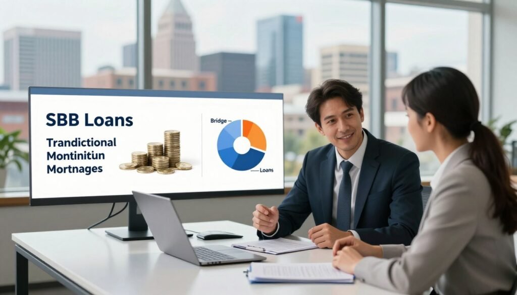 A visually engaging infographic depicting various types of commercial real estate loans, with an emphasis on Idaho's market nuances. In the foreground, include a well-dressed professional man and woman discussing loan options at a sleek, modern office desk filled with documents and a laptop. The middle ground should display distinct loan types visually represented: a large banner for "SBA Loans," stacks of coins for "Traditional Mortgages," and a pie chart illustrating "Bridge Loans." The background features a panoramic view of Idaho's urban skyline, with friendly natural lighting pouring in through large windows, creating an inviting atmosphere. Capture this scene with a soft, shallow depth of field, enhancing focus on the professionals while subtly blending the background. Overall, convey a sense of professionalism, trust, and collaboration in commercial real estate financing.
