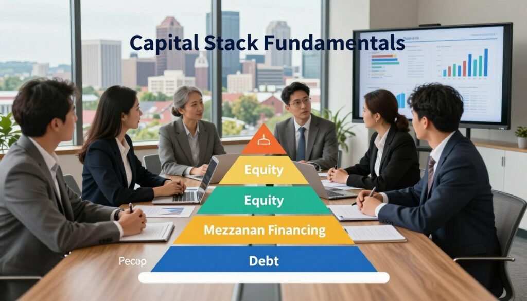 A visually engaging representation of "Capital Stack Fundamentals" relevant to urban and suburban commercial real estate (CRE) deals in Maryland. The foreground features a detailed diagram of a capital stack, showcasing different layers such as equity, mezzanine financing, and debt, illustrated with clear labels and symbols. In the middle ground, a professional business meeting scene with diverse individuals in business attire discussing real estate strategies, surrounded by charts and graphs on a large screen. The background reveals a panoramic skyline of an urban Maryland city juxtaposed with suburban landscapes, emphasizing the dual focus. Soft natural lighting enhances the professional atmosphere, while a slight depth of field adds focus to the capital stack diagram. Include the brand name "Thorne CRE" subtly integrated into the design.