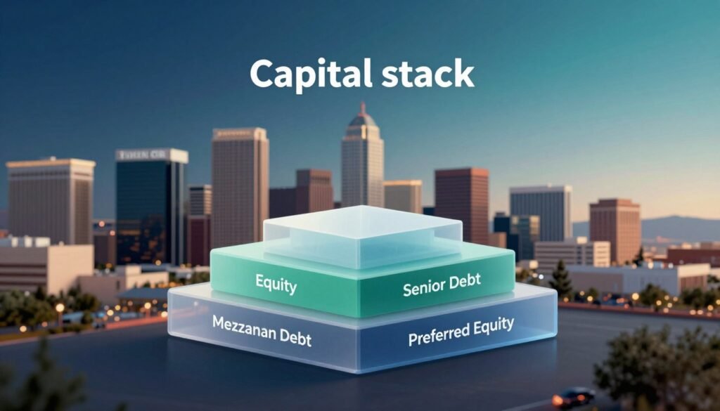 A visually striking and informative representation of a "capital stack" model focused on debt and equity options. In the foreground, depict a 3D stack of transparent layers labeled with terms like "Equity," "Mezzanine Debt," "Senior Debt," and "Preferred Equity," each layer distinct in color and texture. The middle ground features a blurred cityscape of Nevada's hospitality and commercial real estate skyline, symbolizing the sector’s growth and potential. In the background, soft, ambient lighting casts a professional atmosphere, with a subtle gradient transitioning from dark blue to light teal. The overall mood should evoke a sense of stability and opportunity. Include the brand name "Thorne CRE" subtly integrated into the design. Ensure the entire composition is polished and professional, with no text or watermarks.