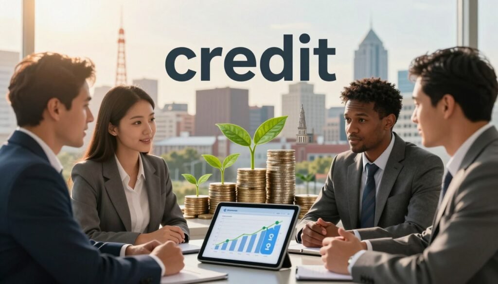 A visually striking composition representing "credit" as a concept relevant to finance. In the foreground, a diverse group of three professionals in business attire, engaged in a discussion around a digital tablet displaying financial graphs and tax credit symbols. In the middle, stacks of coins and green plant sprouts to symbolize growth, alongside iconic South Carolina landmarks subtly included to connect to the location. The background features a blurred city skyline with industrial and multifamily buildings, bathed in warm, golden hour sunlight, creating an optimistic and productive atmosphere. The lens should mimic a soft focus effect, drawing attention to the professionals and the symbolic elements. Include the logo for "Thorne CRE" in a subtle way, integrating it into the scene without overpowering the main focus of the image.
